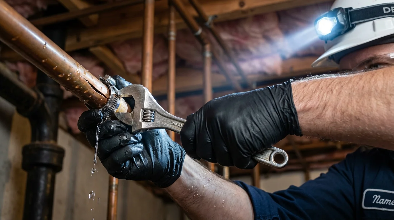 Emergency pipe clamp repair being performed by a Johns Plumbing LLC plumber in Questa