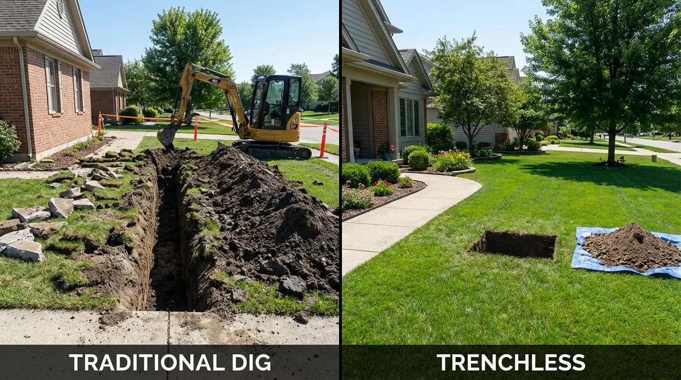 Trenchless sewer repair with minimal yard damage versus traditional excavation in Questa, NM
