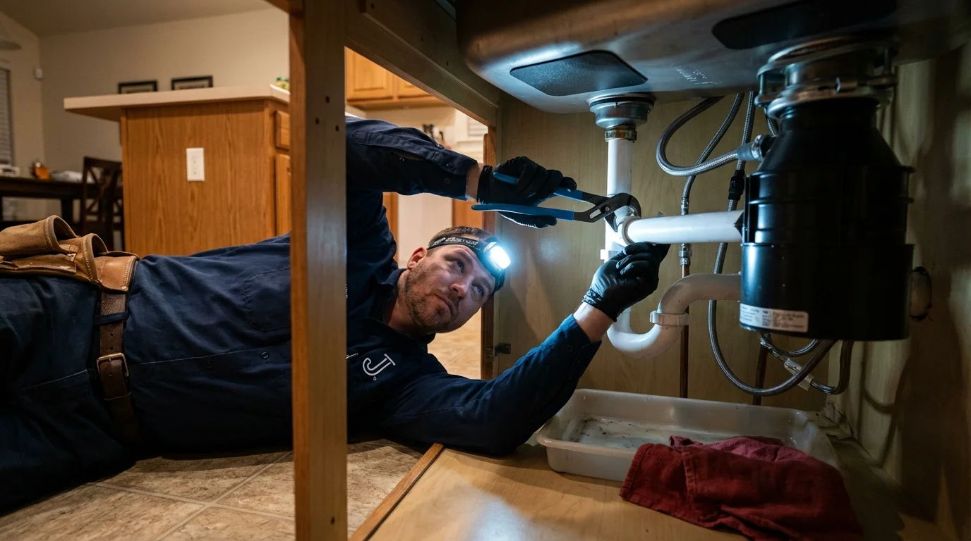 P-trap and supply line connections under a kitchen sink showing a common leak point in Questa, NM